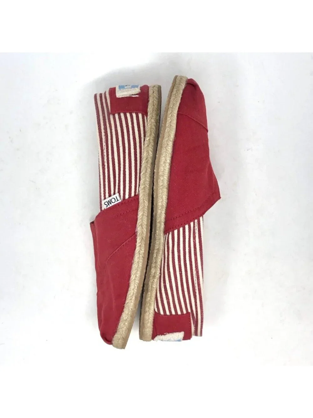 TOMS Shoes Women 8 Red Striped Canvas University Classic Rope Trim Slip On Flats